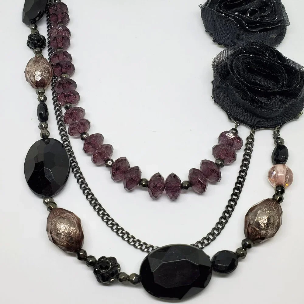 Black Organza Flower Purple Beaded Statement Triple Strand Statement Necklace